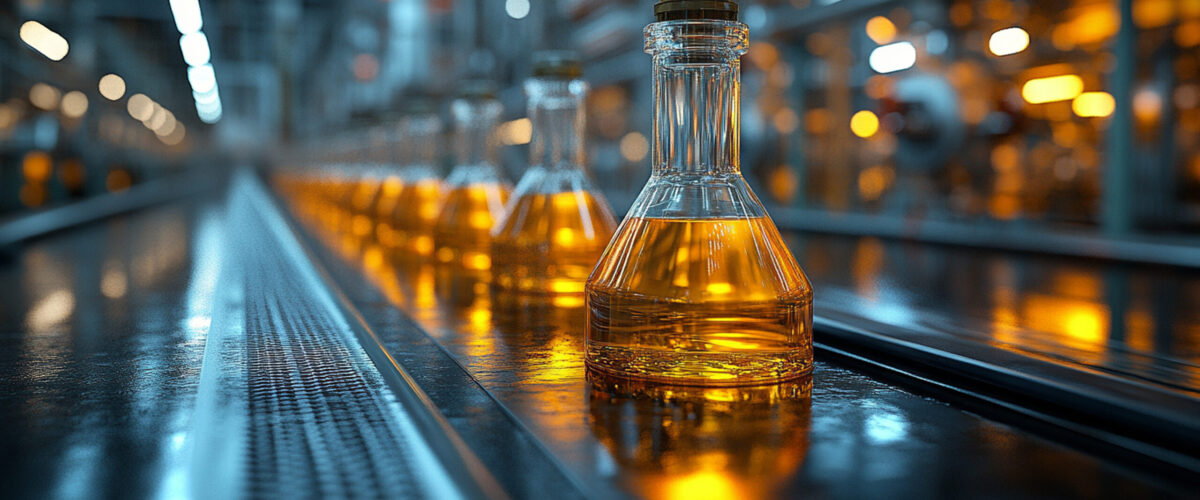 Amber liquid bottles on factory conveyor belt