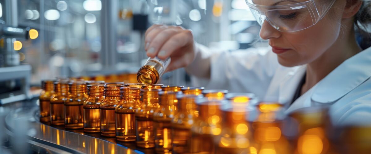 Female Worker in Protective Gear Filling Bottles on Conveyor Belt
